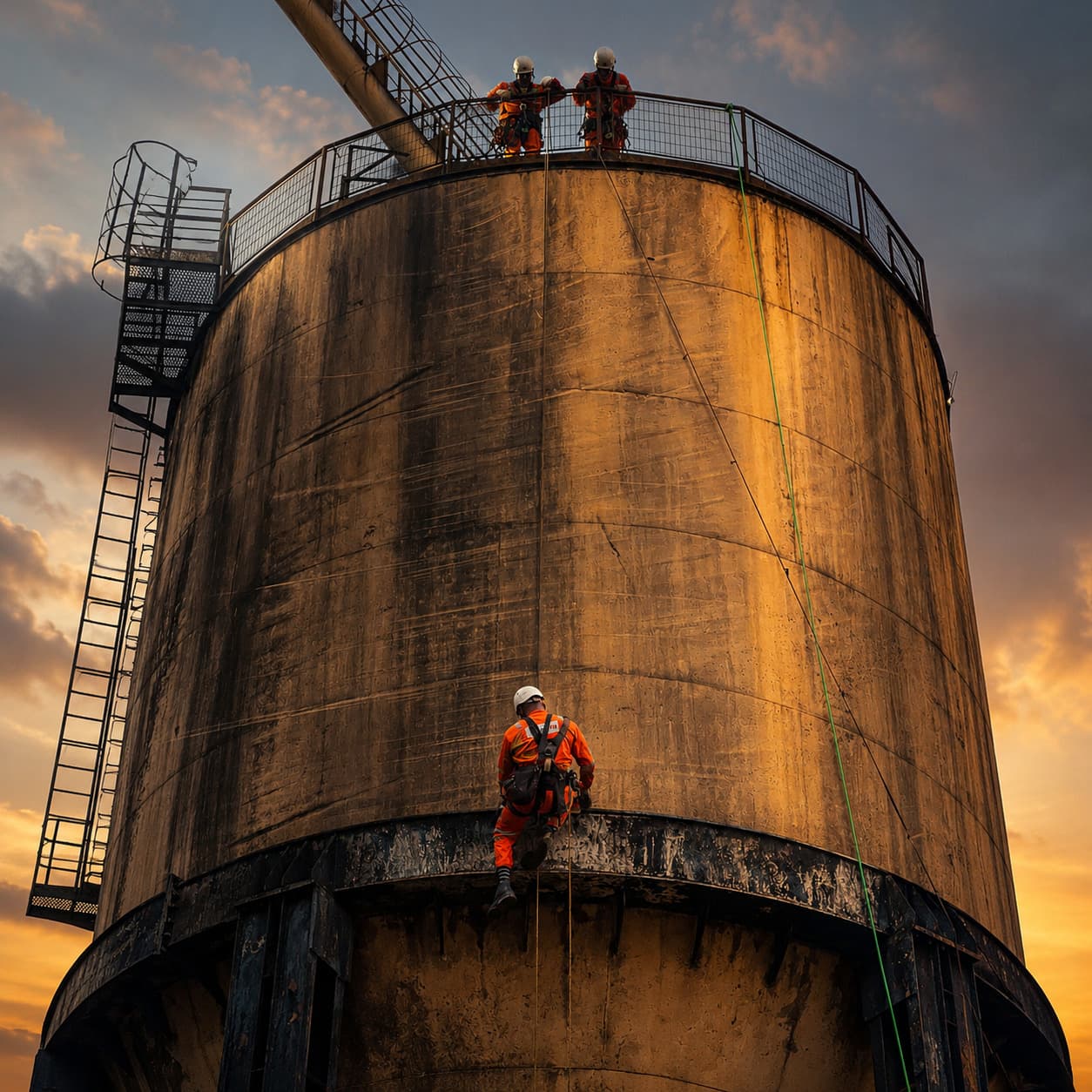 Alpinistas industriais em trabalho de altura num silo ao pôr do sol